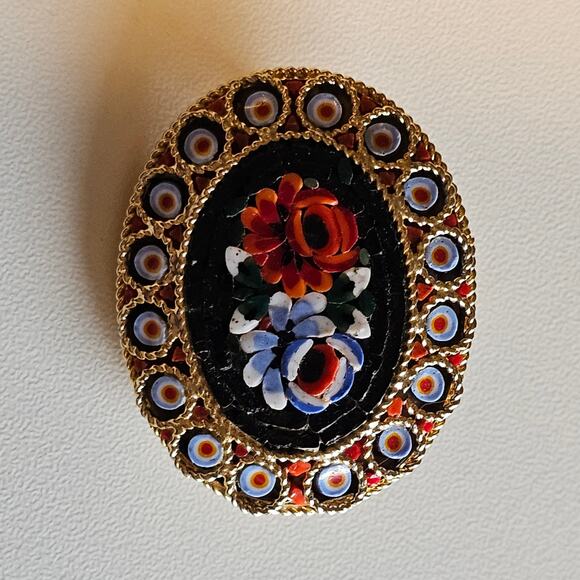 Vintage Millefiori Gold Mini Mosaic Red & Blue Floral Brooch - Picture 4 of 6